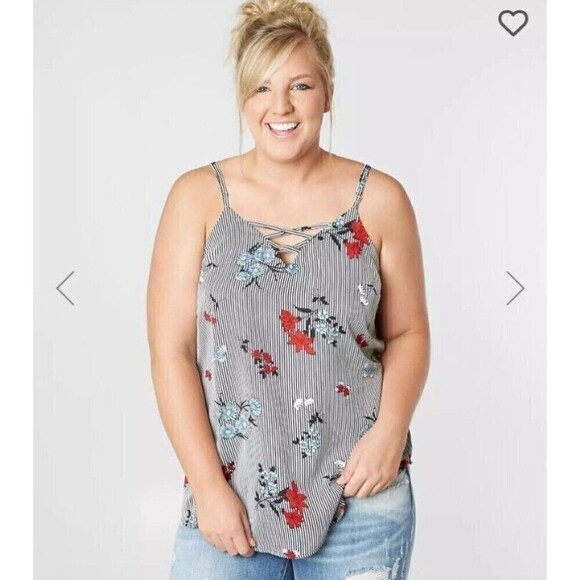 Daytrip Top Plus Size 3X  Printed Floral Black White Stripes Spaghetti Straps - Picture 1 of 8